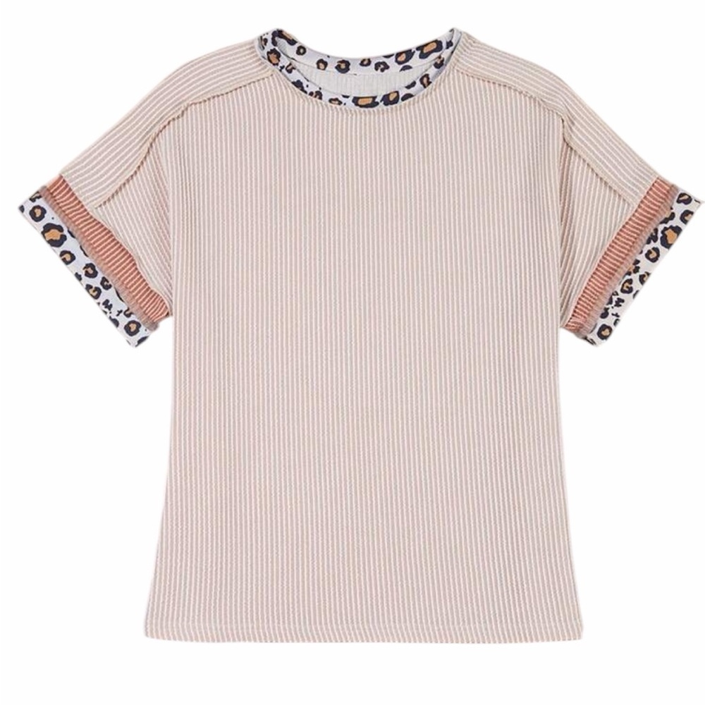 Leopard Trim Beige Cream Women's Top Boho Summer Short Sleeve Shirt